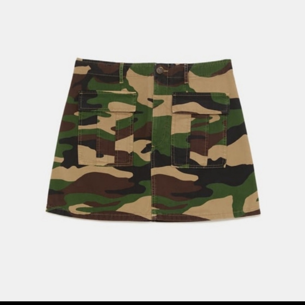 NEW Small Zara Women Premium Denim Collection Camo The Cargo Mini Skirt